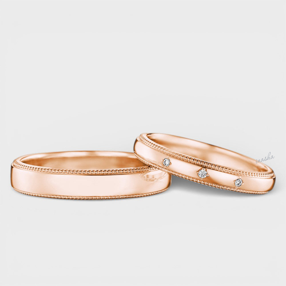 Certified GLI rose gold lab grown diamond couple ring set with women’s round cut diamond band and men’s classic plain band